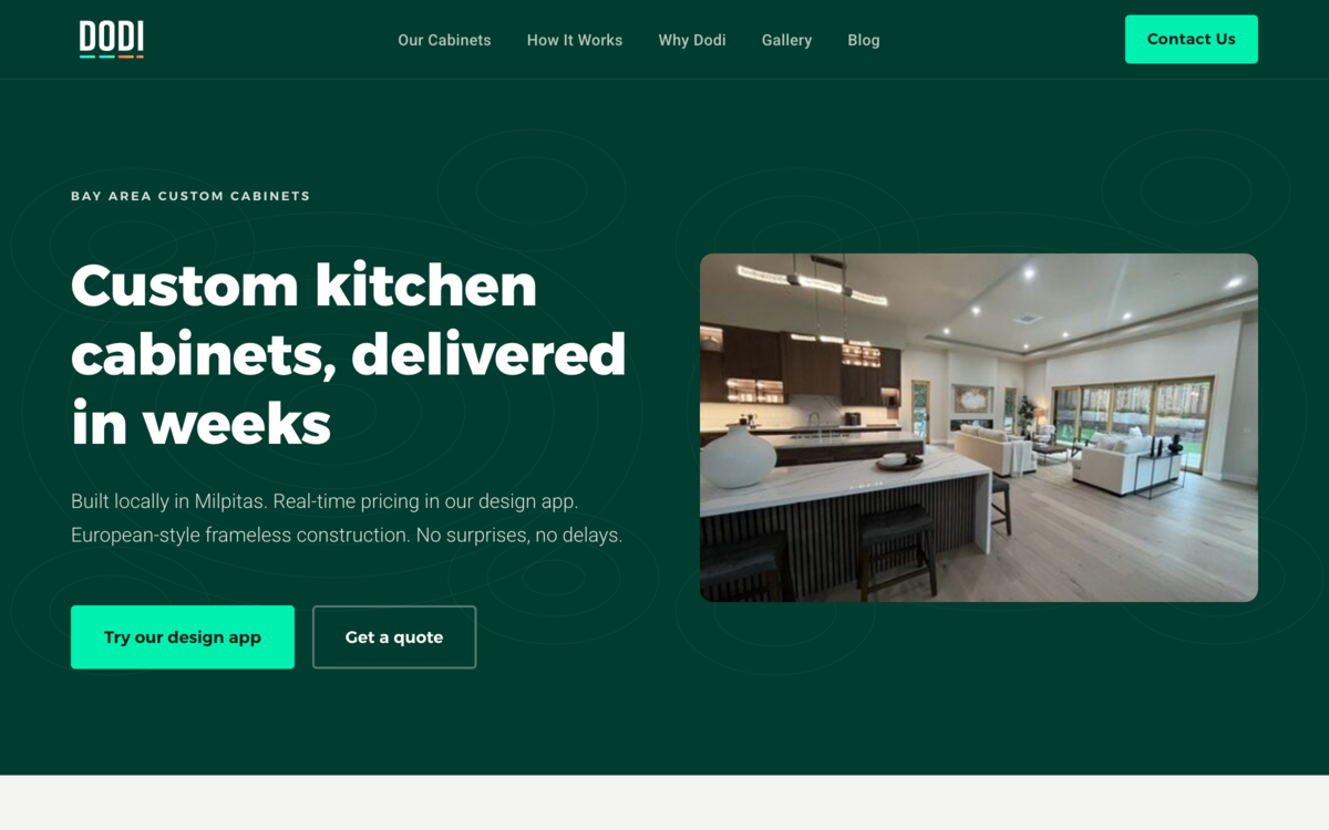 DodiHome website — custom kitchen cabinets, delivered in weeks. Built from a GTM Blueprint by Outcome Marketing.